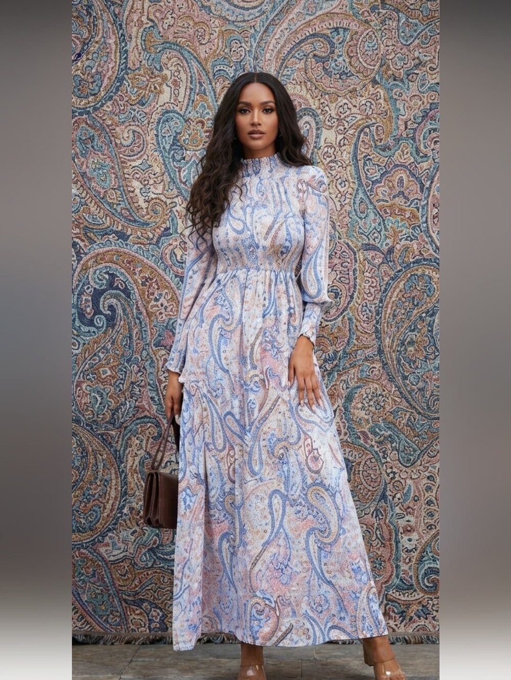 BOHEMIAN PAISLEY FRILL SHIRRED SPECIAL EVENT MAXI DRESS